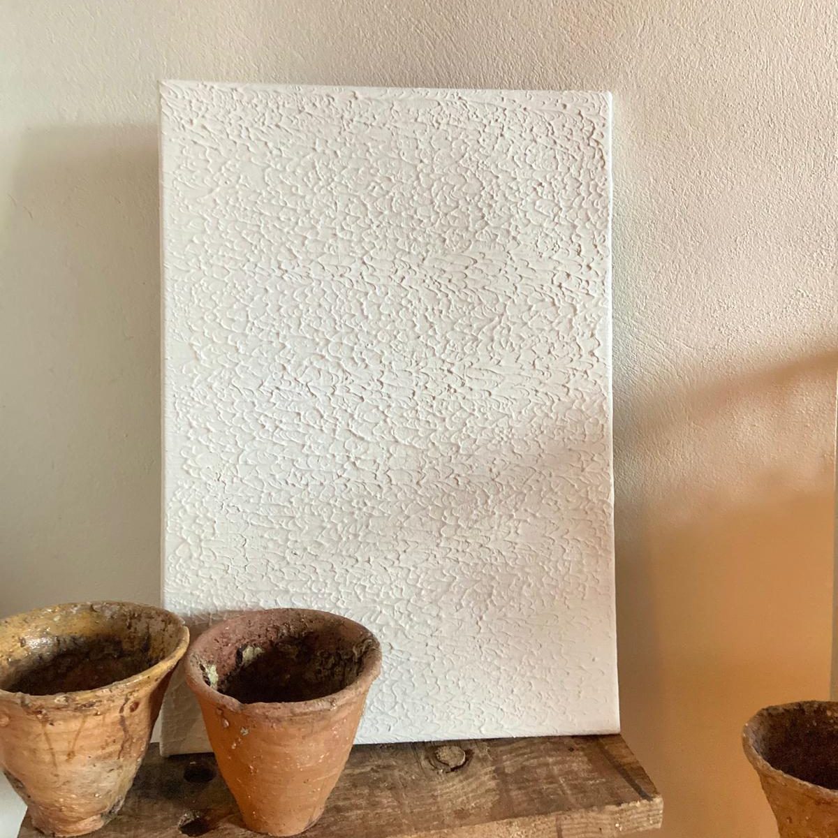 Lienzo blanco texturizado junto a macetas de barro