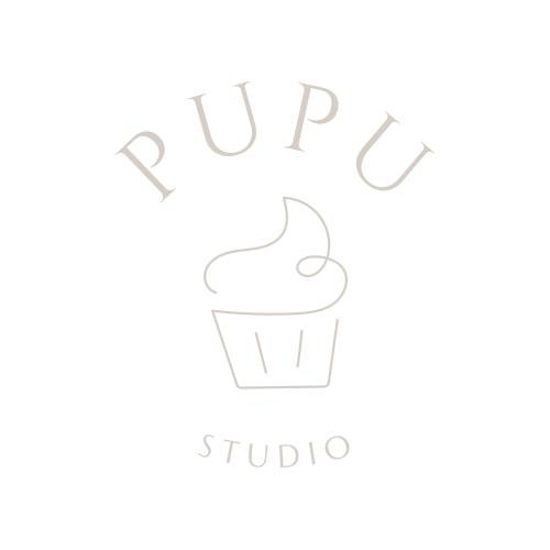 Logo de Pupu Studio: un cupcake dibujado a línea con las palabras Pupu Studio